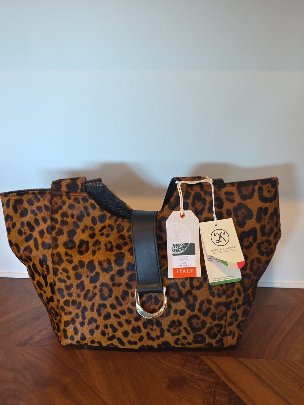 Leopard Hair Tote Bag with Black Strap -